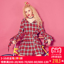 妖精的口袋旗舰店秋季宽松V型翻领收腰复古格纹衬衫裙连衣裙女裙图片