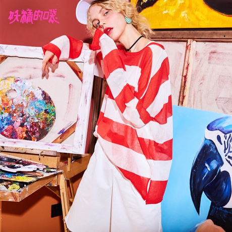 妖精的口袋旗舰店2018夏新款西瓜奶霜圆领宽松条纹针织衫学院女商品大图
