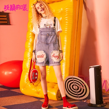 妖精的口袋旗舰店2018夏新背带牛仔裤chic裤子怪味少女宽松短裤女商品大图