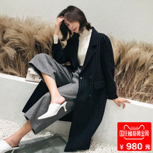2018秋冬新款阿尔巴卡双面呢大衣女装长款羊绒毛呢外套修身竖条纹图片
