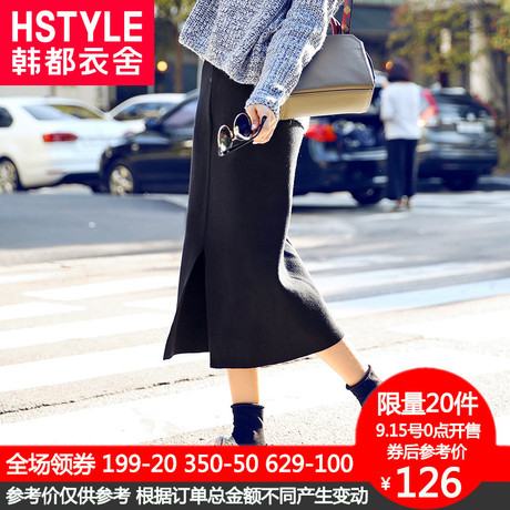 韩都衣舍2018韩版女装秋新款针织打底纯色中长半身裙EQ7128婋商品大图