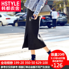 韩都衣舍2018韩版女装秋新款针织打底纯色中长半身裙EQ7128婋图片