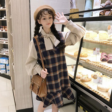 日系学生少女蝴蝶结衬衫 荷叶边格子连衣裙两件套裙萌 秋冬女新款