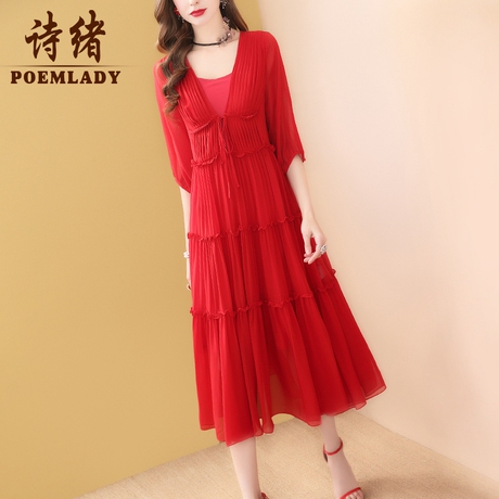 诗绪时尚红色桑蚕丝真丝连衣裙女中长款春装2019新款宽松大码8605商品大图