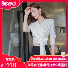 蝴蝶结V领衬衣女上衣 韩范短款 女装 白衬衫 修身 格润雅2019春季新款
