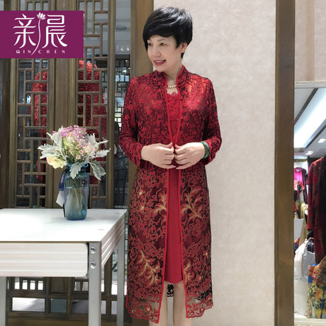 参加婚礼妈妈装秋春装长袖中老年女装中长款两件套装连衣裙加大码商品大图