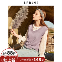 乐町小清新V领毛边背心女2018夏季新款外穿针织无袖双色时尚显瘦图片