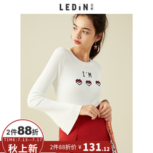 乐町2018夏季新款爱心刺绣线衫修身喇叭袖薄款针织衫短款上衣女夏图片