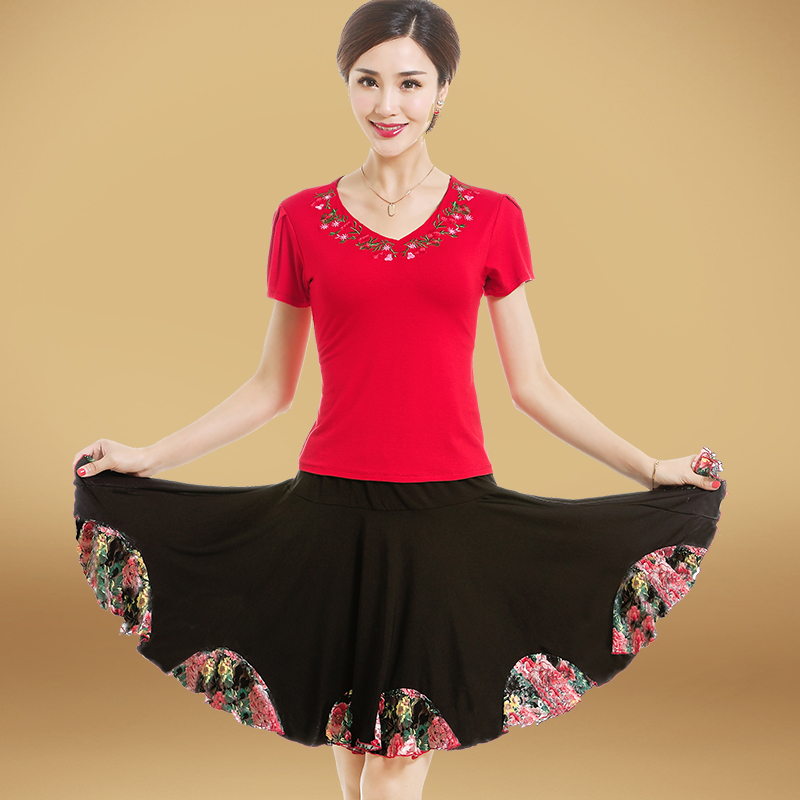 艳王2017广场舞服装新款套装夏装短袖上衣裙