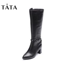 他她冬专柜同款 牛皮尖头粗高跟女长靴 Tata