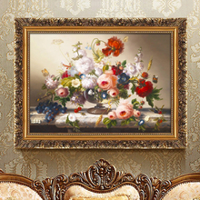 欧式喷绘油画客厅装饰画古典花卉餐厅玄关挂画壁画有框横版墙画