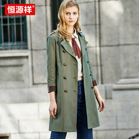 恒源祥九分袖风衣女中长款2018春装新款英伦风军绿色外套女春秋商品大图