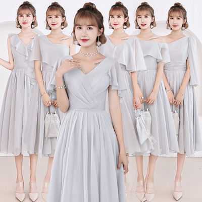 伴娘服2018新款灰色伴娘礼服女夏季婚礼雪纺绑带姐妹裙秋季中长款