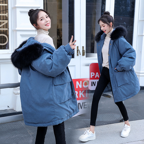 棉衣女新款大毛领韩版加厚保暖宽松学生大口袋中长款棉服女装袄子商品大图