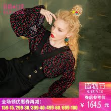 妖精的口袋秋装新款宽松圆领收腰喇叭长袖碎花衬衫女图片
