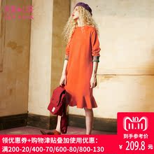 妖精的口袋2018秋装新款圆领宽松条纹A字鱼尾连衣裙女长袖737060图片