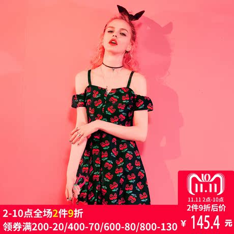 妖精的口袋夏装新款印花修身松紧吊带露肩连衣裙子女商品大图