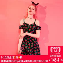 妖精的口袋夏装新款印花修身松紧吊带露肩连衣裙子女图片
