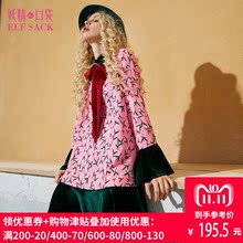 妖精的口袋旗舰店秋装新款印花丝绒拼接系带长袖连衣裙子女737056图片