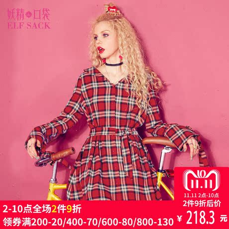 妖精的口袋秋装新款复古V领收腰喇叭长袖格子衬衫连衣裙女737005商品大图