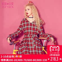 妖精的口袋秋装新款复古V领收腰喇叭长袖格子衬衫连衣裙女737005图片