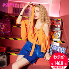 妖精的口袋旗舰店露肩雪纺衫夏装2018新款系带露锁骨chic仙女上衣图片