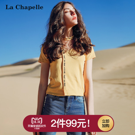 拉夏贝尔短袖T恤女宽松韩版学生百搭2018秋季新款V领个性韩范上衣商品大图