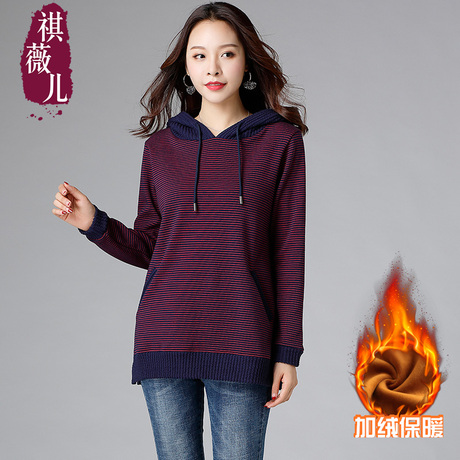 胖妹妹卫衣女套头2018秋装新款大码女装针织显瘦条纹连帽韩版上衣商品大图