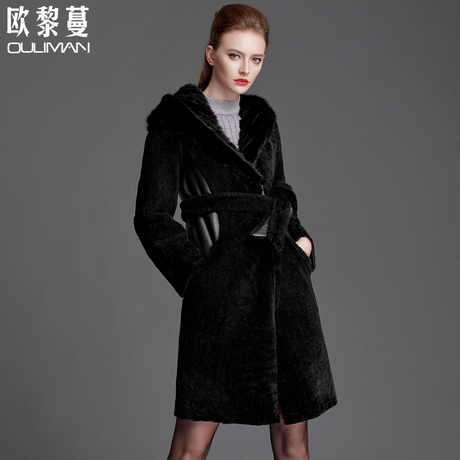 欧黎蔓2018女装清仓中长款连帽皮草外套女修身羊皮毛一体大衣加厚商品大图