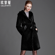 欧黎蔓2018女装清仓中长款连帽皮草外套女修身羊皮毛一体大衣加厚图片
