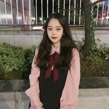 韩国学院风减龄软妹甜美粉嫩蝴蝶结衬衫 背心连衣裙 鬼马少女套装