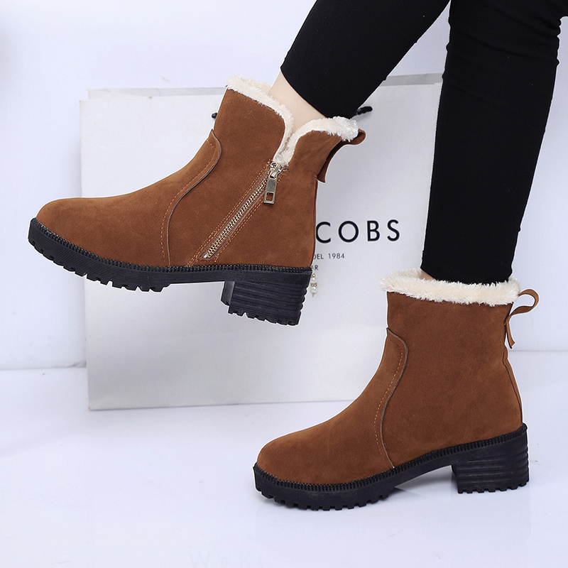 Suede insulated short boots for women's autumn and winter 2018 cotton boots, suede snow boots, mid heel thick heel side zipper Martin boots