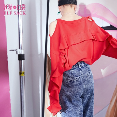 妖精的口袋旗舰店春装2018新款露肩宽松印花ins套头卫衣女8103023商品大图