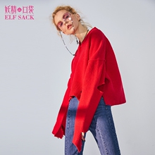 妖精的口袋旗舰店春装2018新款落肩破洞宽松保暖短毛衣女A8106017图片