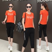 休闲时尚印花女士两件套圆领大码运动服套装女春秋显瘦跑步女款