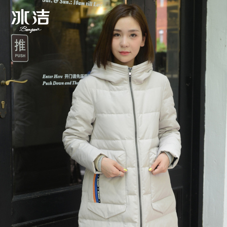冰洁秋冬时尚韩版外套修身简约连帽中长款羽绒服女J1601066商品大图