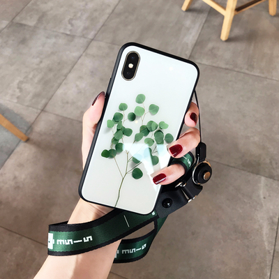小清新XsMax苹果X玻璃壳iphone7plus/6S手机壳全包挂绳女款8plus创意个性新款iPhoneX保护套挂脖情侣款软xr绿