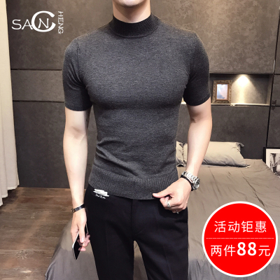 SANCHEN/三橙秋冬英伦青年潮流半高领针织衫毛衣男修身韩版半袖