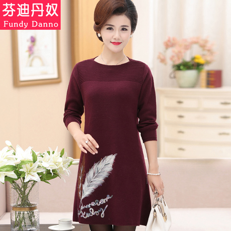 妈妈秋装纯色连衣裙高贵中长款毛衣中老年女装秋冬打底衫长袖洋气商品大图