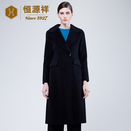 恒源祥2018女羊绒双面呢大衣冬季新款中长款大翻领毛呢外套纯色厚商品大图