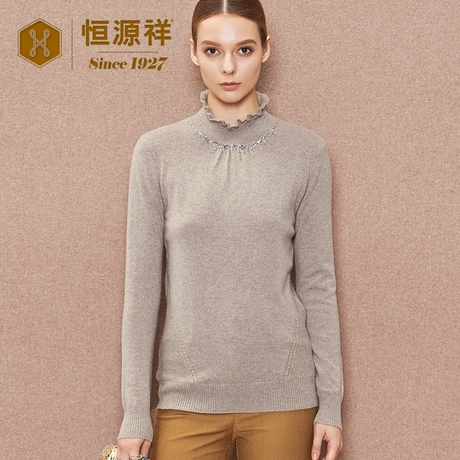 恒源祥烫钻半高领羊绒衫女秋冬季新款木耳荷叶领纯山羊绒修身毛衣商品大图
