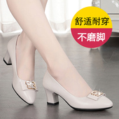 女妈妈鞋 百搭粗跟水钻真皮鞋 新款 高跟单鞋 2019韩版 中年职场正装