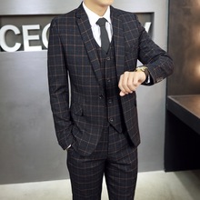 男士三件套西服青年格子小西装套装秋冬厚款新郎结婚礼服商务正装