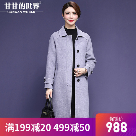 甘甘的世界2018秋冬新款毛呢外套纯色人字纹修身中长款双面呢大衣商品大图