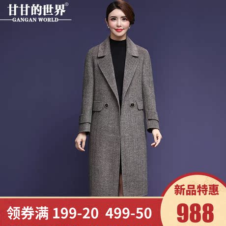 【全羊毛】甘甘的世界2018新款双面呢大衣翻领斜纹毛呢中长款外套商品大图