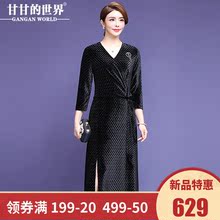 甘甘的世界2018秋冬装新款女七分袖V领弹力丝绒长款连衣裙中年装图片