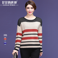 甘甘的世界2018秋冬新款针织衫中年女打底衫宽松落肩袖条纹上衣女图片