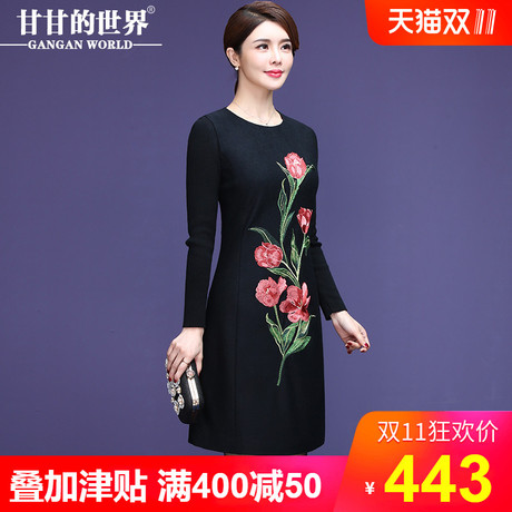 【羊毛呢刺绣 49%羊毛】甘甘的世界2018秋冬新款中长款连衣裙女商品大图