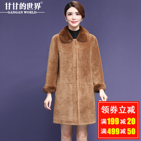 【100%羊毛】甘甘的世界2018秋冬装新款水貂毛领羊剪绒中长款大衣商品大图