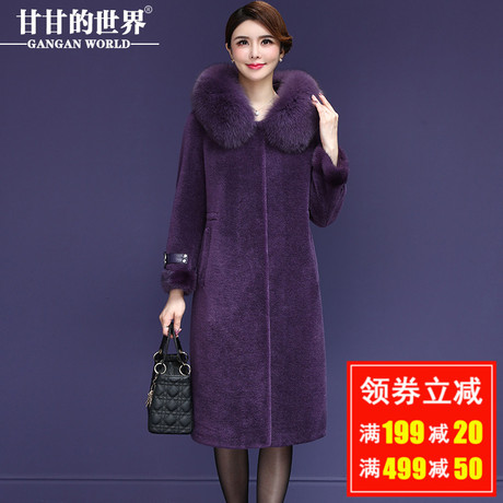 全羊毛狐狸毛领甘甘的世界颗粒羊剪绒大衣女中长款修身中年外套女商品大图